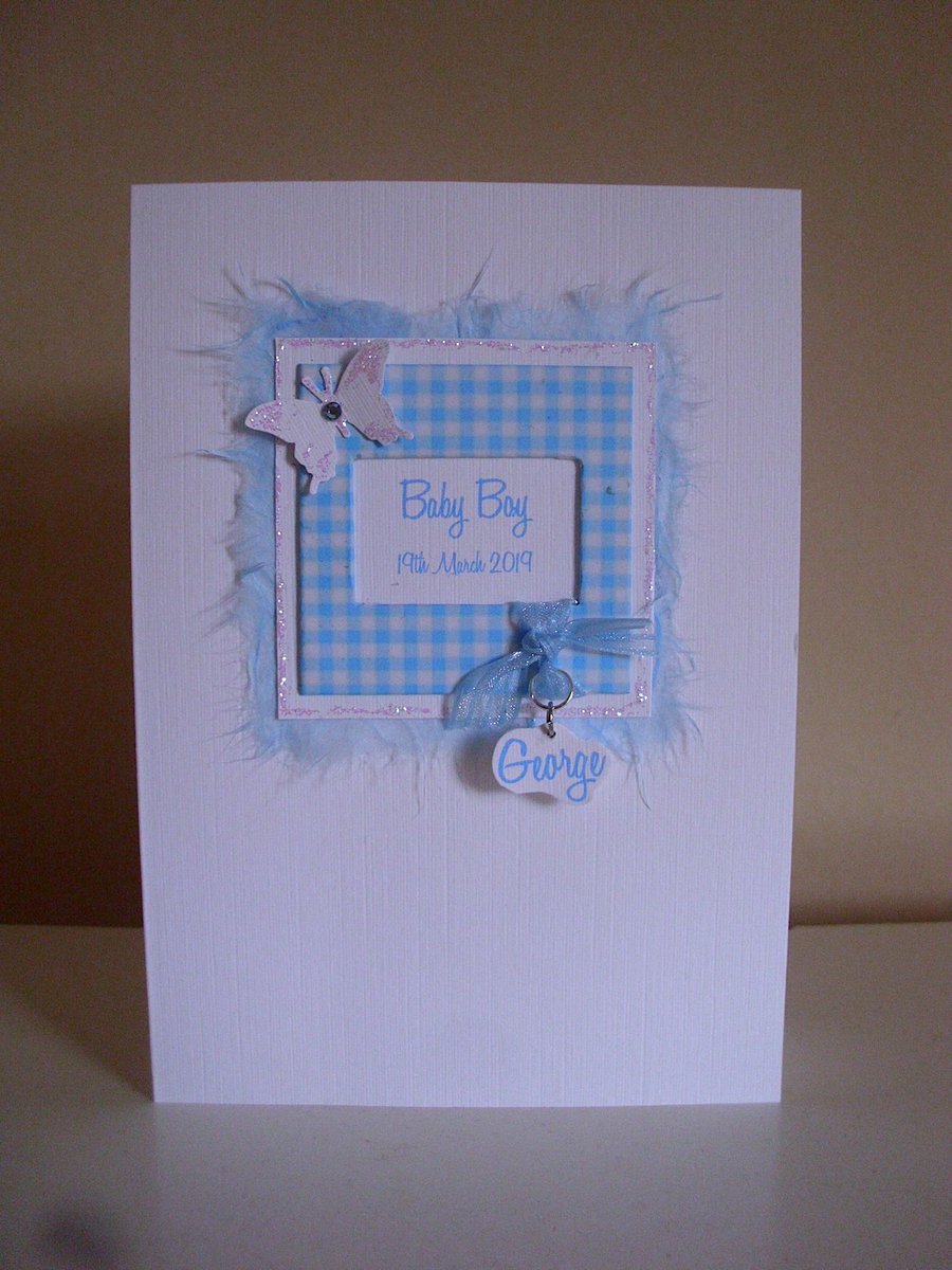 Baby Boy Gingham Frame Personalised Card - A6 Card - New Baby - Birth