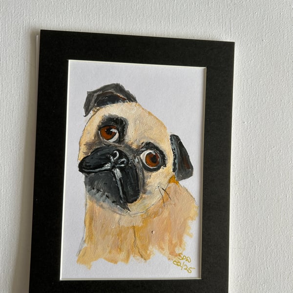 Pug portrait original painting 5x7" cute 