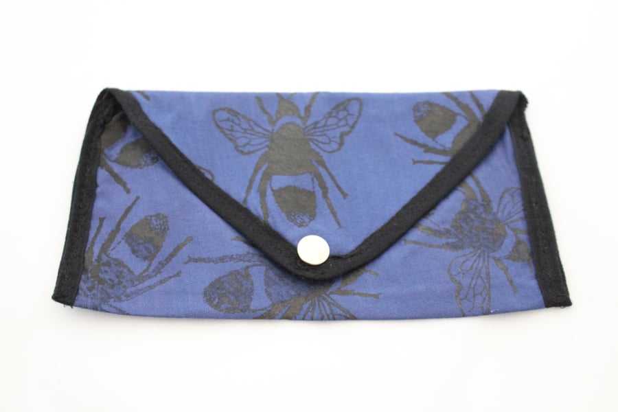 Bee print pouch zip up hand printed blue bag,zero waste,vegan Eco friendly gift 