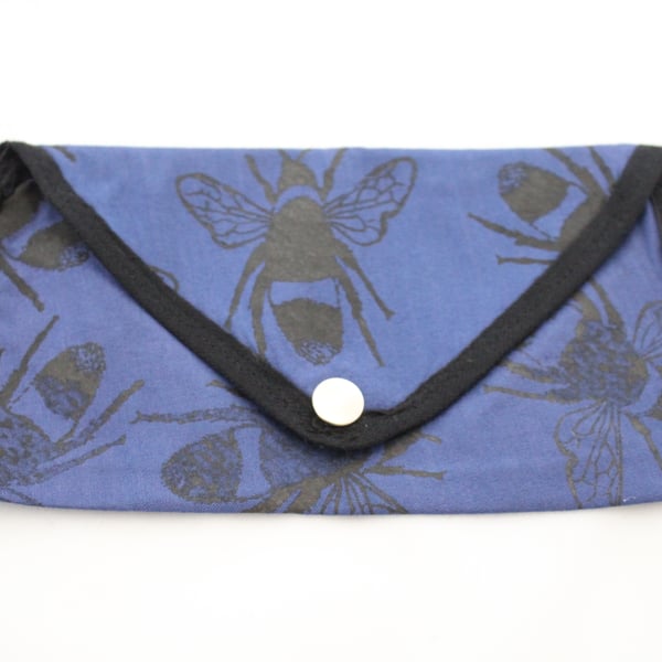 Bee print pouch zip up hand printed blue bag,zero waste,vegan Eco friendly gift 