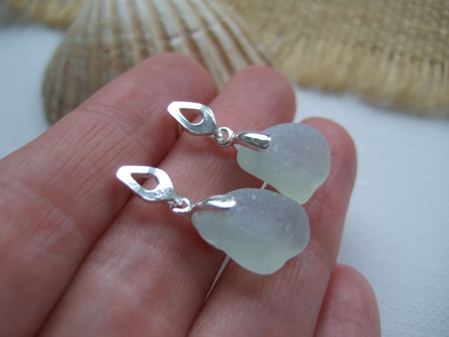 Seaham sea glass earrings, opalescent beach glass studs, sterling silver jewelry
