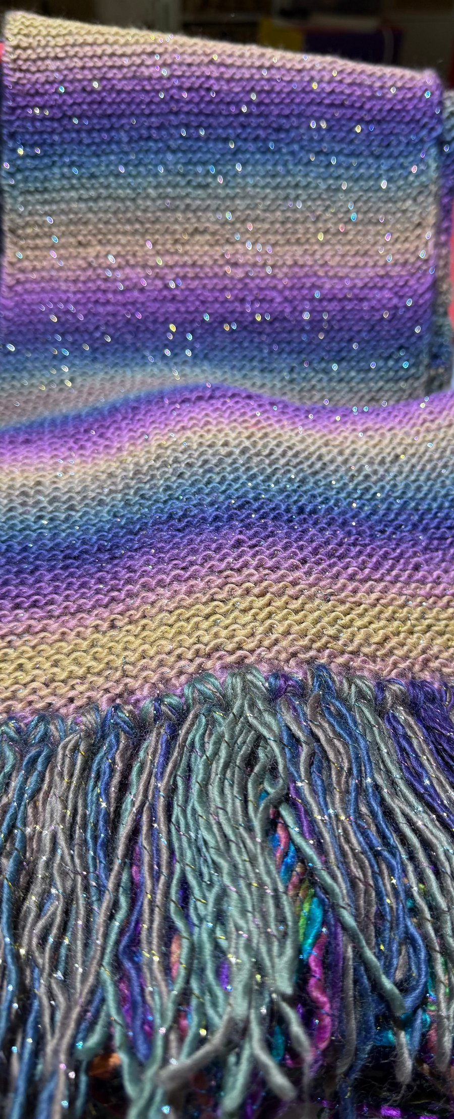 Hand knitted sparkly fringed scarf