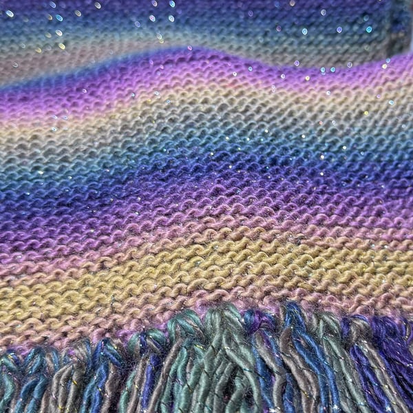 Hand knitted sparkly fringed scarf
