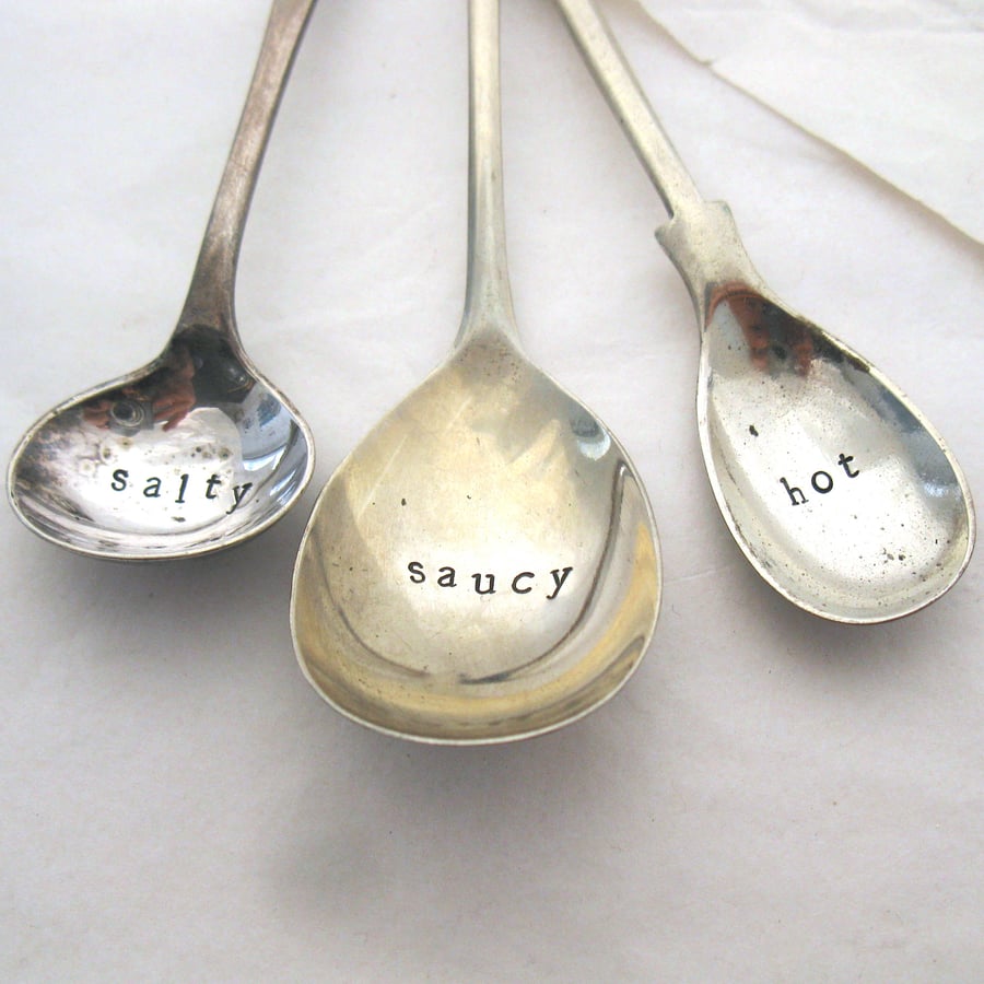 Salty, Saucy, Hot, Three Handstamped Condiment Spoons, Seconds Sunday