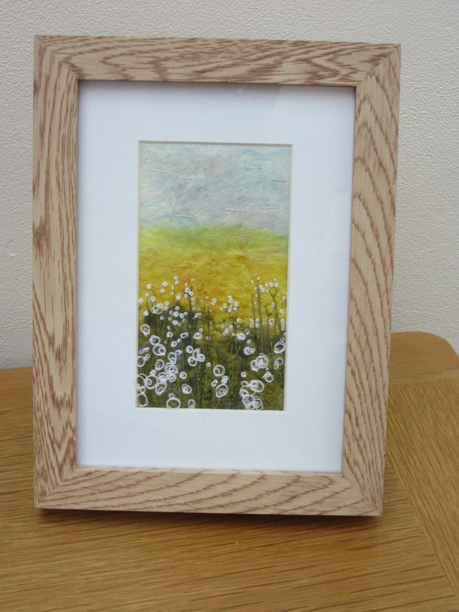 EMBROIDERED LANDSCAPE OF GOLDEN FIELDS.  Framed art  embroidery.