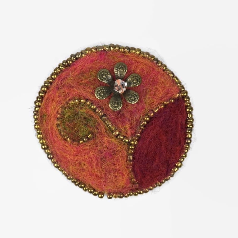 Seconds Sunday - Brooch, needle felted and beaded flower brooch - orange