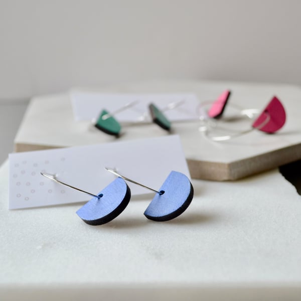 Silver hoop earrings with colourful painted wooden semicircle