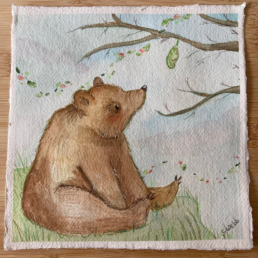 Anticipation, Bear and cocoon, watercolour paper, 20cm x 20cm original art.