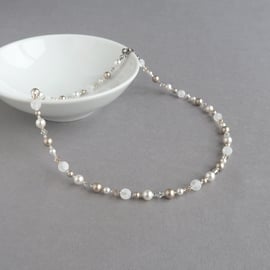 Champagne Pearl Beaded Necklace - Taupe Wedding Jewellery - Beige and White Gift