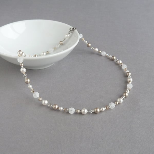 Champagne Pearl Beaded Necklace - Taupe Wedding Jewellery - Beige and White Gift