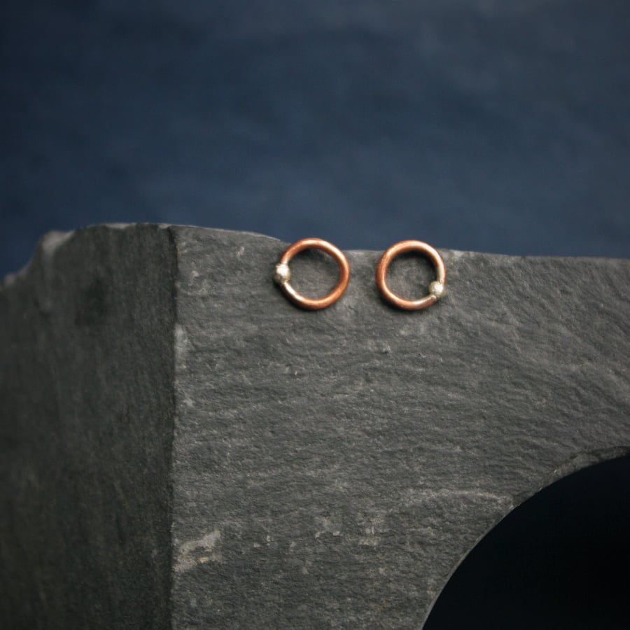 SALE Copper Circle with Silver Seed Stud Earrings