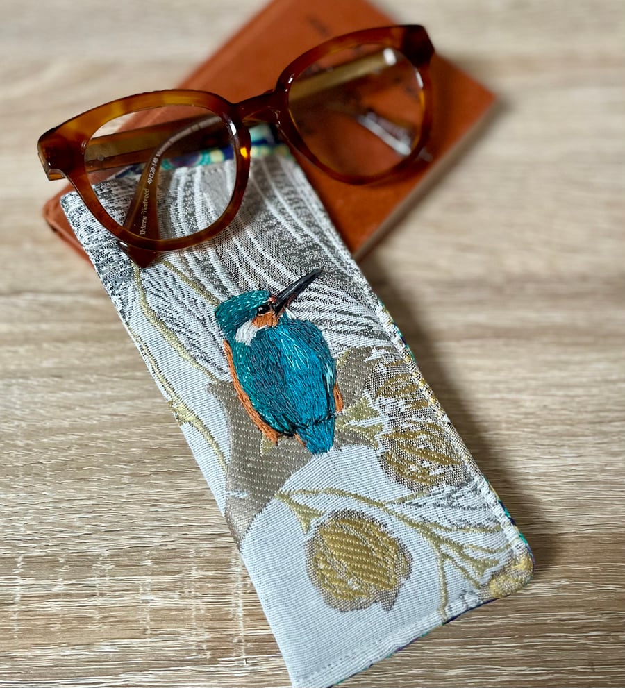 Glasses case with hand embroidered kingfisher