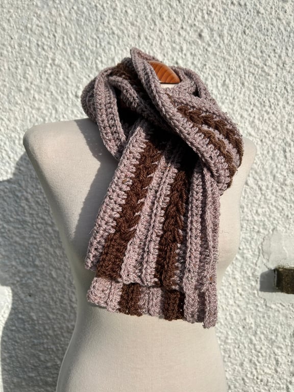 Two browns wheat stitch crochet unisex scarf