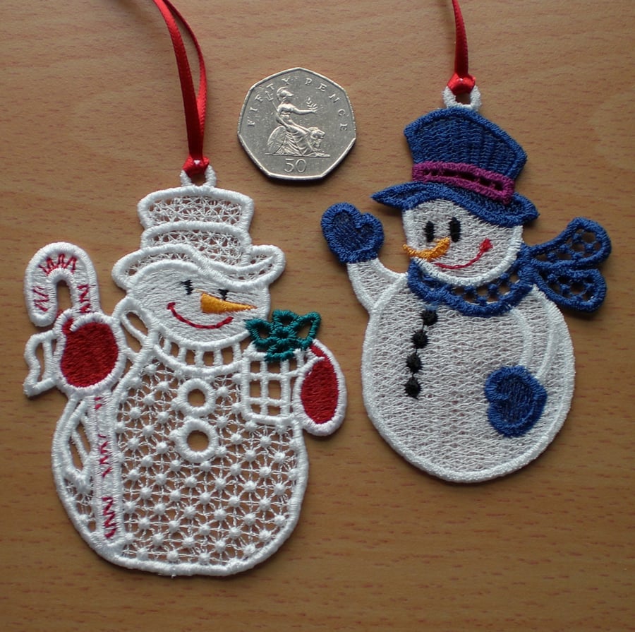 SALE. Embroidered Lace snowmen x 2 - Folksy