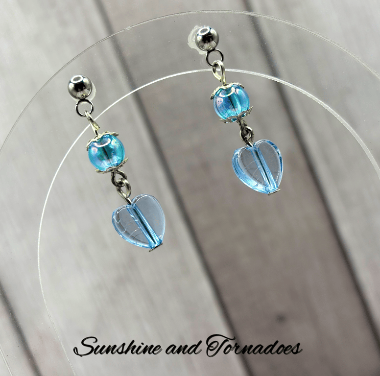Dainty Handmade Blue Heart Drop Earrings