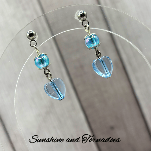 Dainty Handmade Blue Heart Drop Earrings