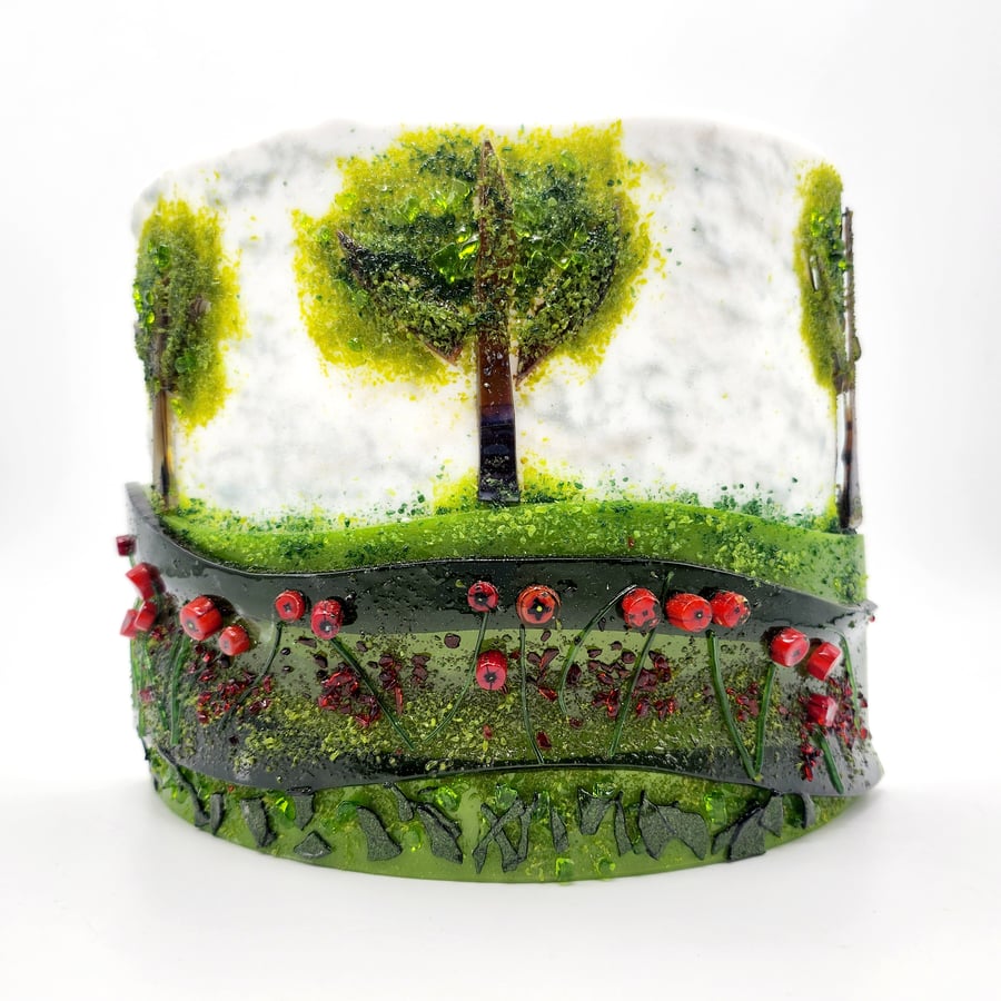 Fused Glass Curved Tree Scene, Free Standing Art