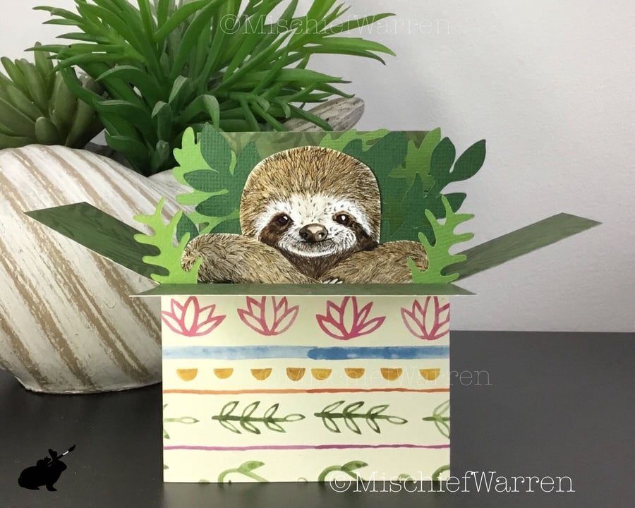 Sloth 3D box card. Blank or personalised for any occasion.