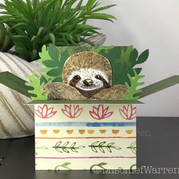 Sloth 3D box card. Blank or personalised for any occasion.