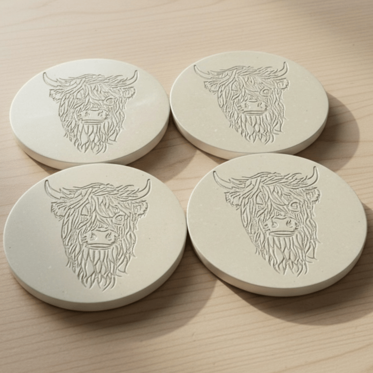 Highland Cow Coasters Set of 4 Grey Round Drinks Coasters
