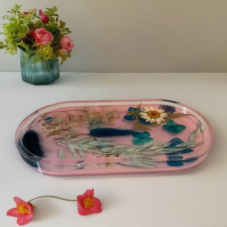Handmade Pink Botanical Resin Trinket Tray – Dried Flower Dish