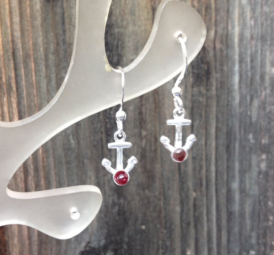 Garnet anchor charm earrings