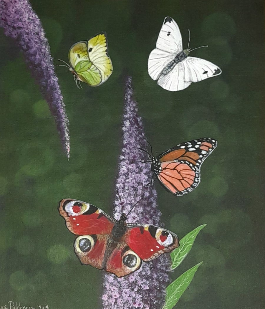 Butterflies On Buddleia original acylic painting on canvas board, framed