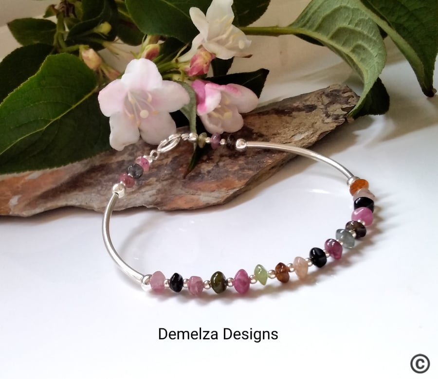 Tourmaline Irregular Bicon Cut Sterling Silver Bangle Style Bracelet