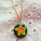 Daffodil Flower Pendant Necklace, Hand Painted - FREE SHIPPING
