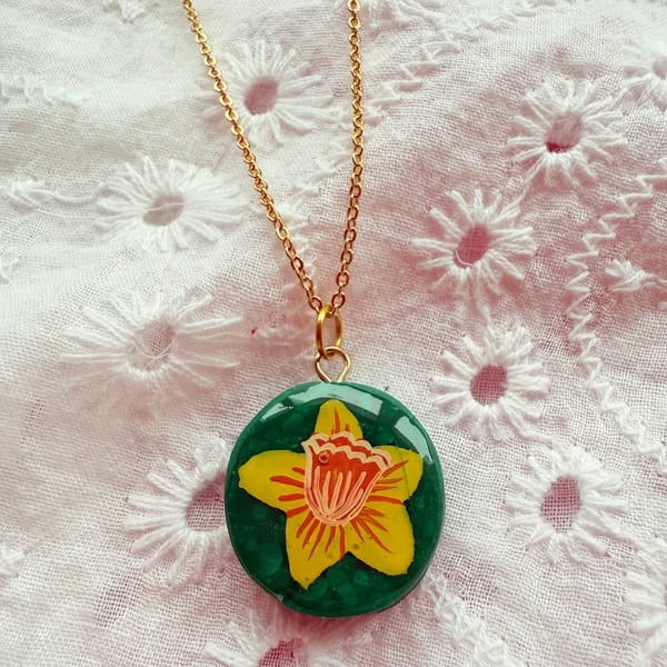 Daffodil Flower Pendant Necklace, Hand Painted - FREE SHIPPING