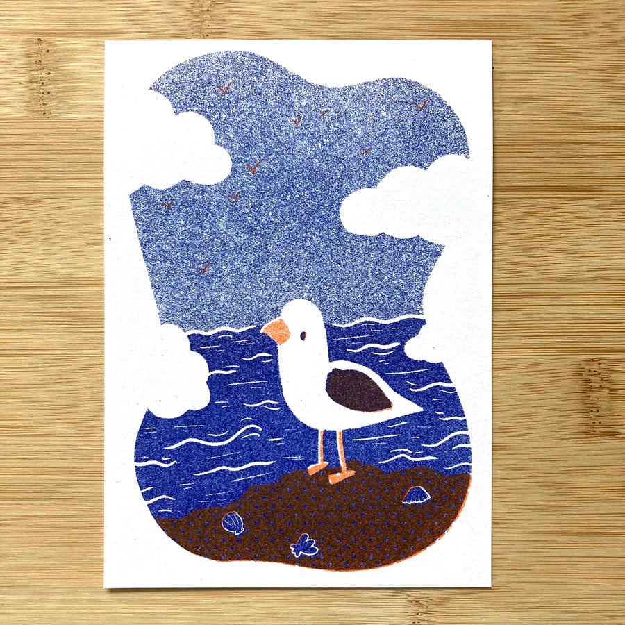 Seagull On The Seashore - A6 risograph print in Blue and Orange 