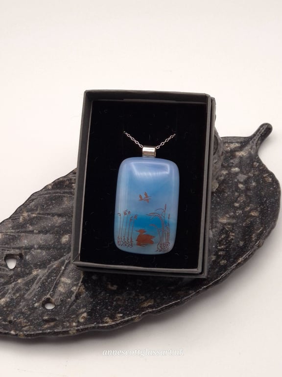 Duck on Blue Water, Fused Glass Pendant with Sterling Silver Findings