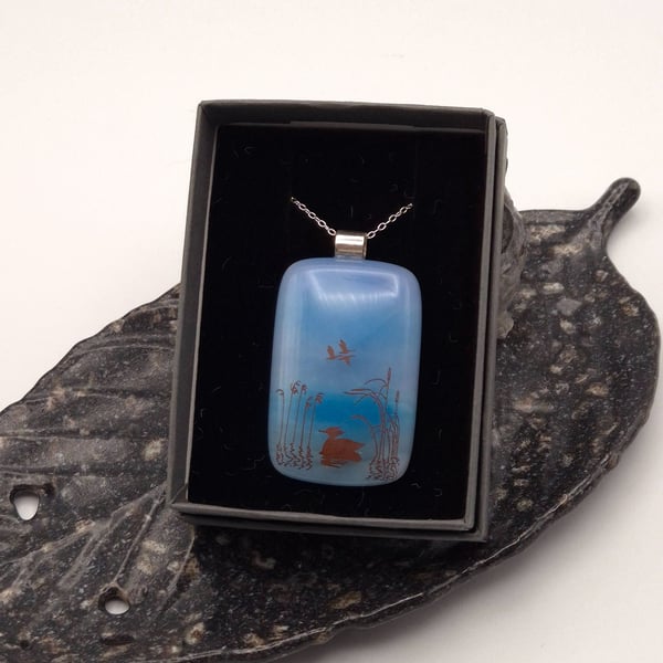 Duck on Blue Water, Fused Glass Pendant with Sterling Silver Findings