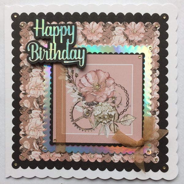 Steampunk Card Vintage Flowers Cogs All Occasions Birthday 3D Luxury Handmade