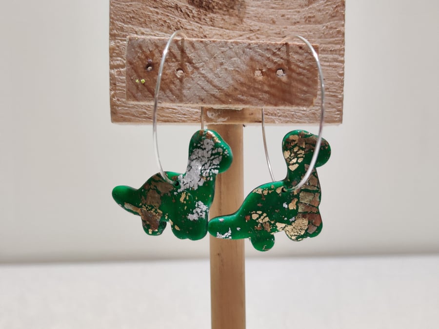 Green gold patch dino hoop earrings 