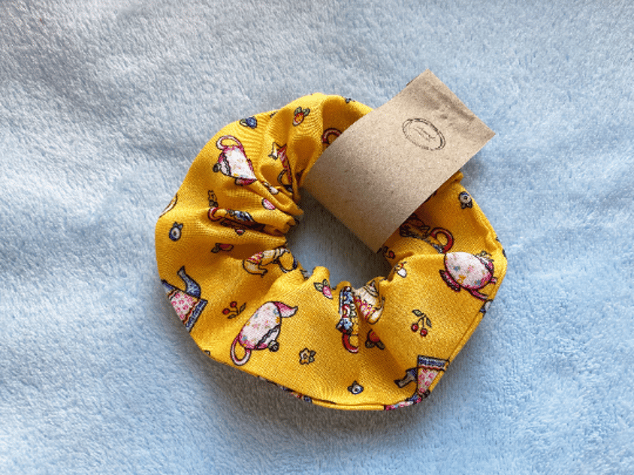 Hair scrunchie, yellow ties and elastics, cup of tea, handmade, gift for her