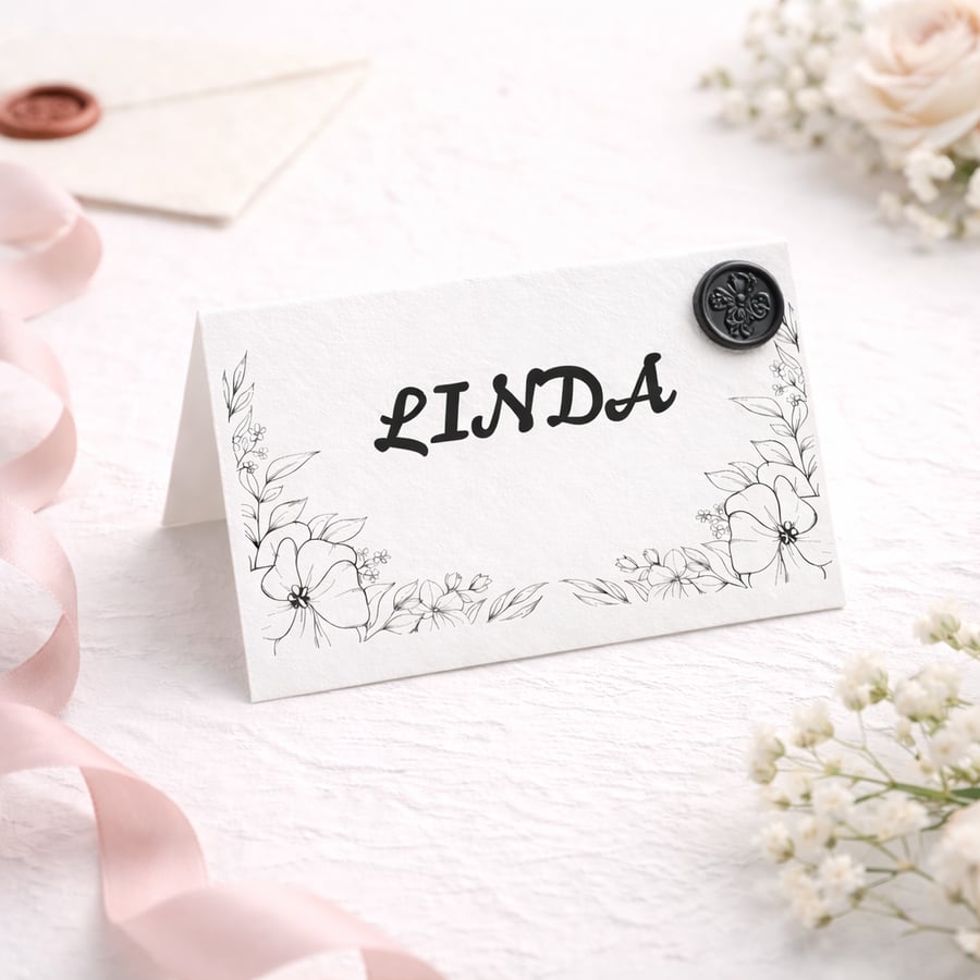 Monochrome Bloom Name Cards with Wax Seal  Signature Wedding Table De