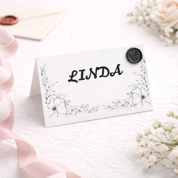 Monochrome Bloom Name Cards with Wax Seal  Signature Wedding Table De