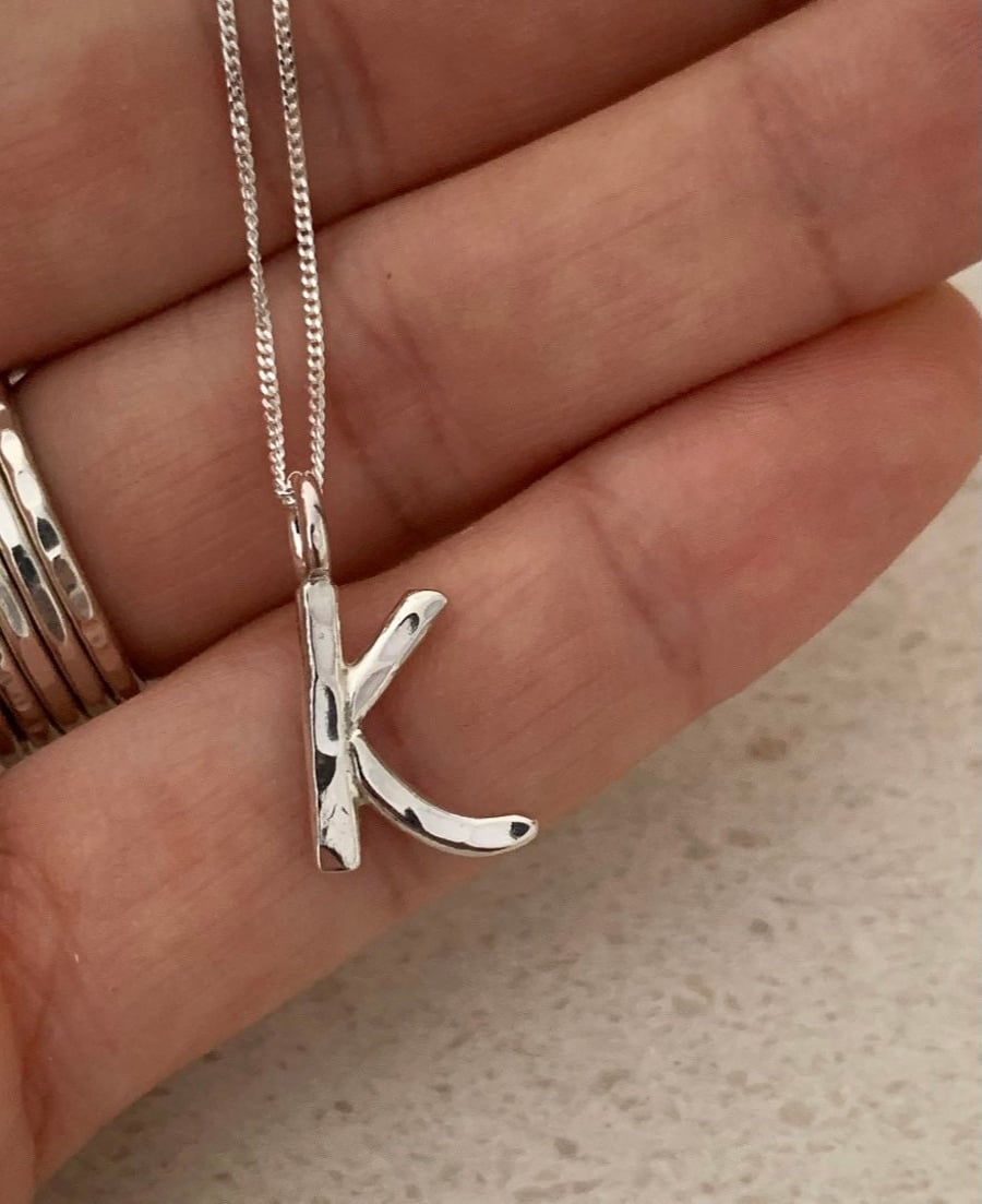 Silver Letter K Necklace - Small Initial - Handmade Hammered Initial - Sparkly S