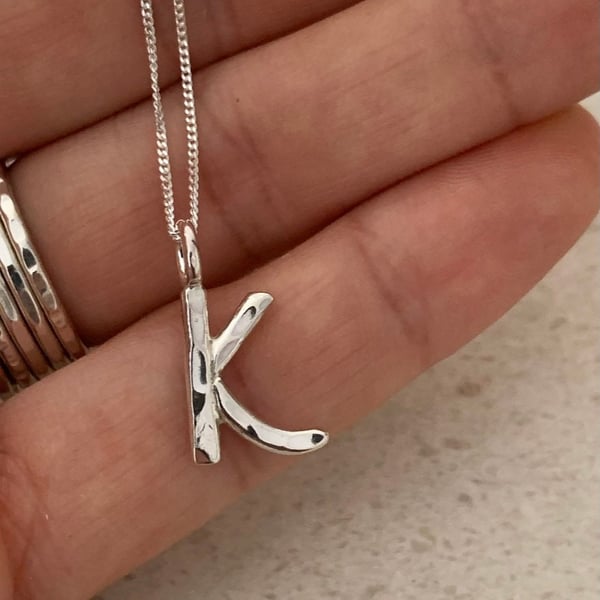 Silver Letter K Necklace - Small Initial - Handmade Hammered Initial - Sparkly S