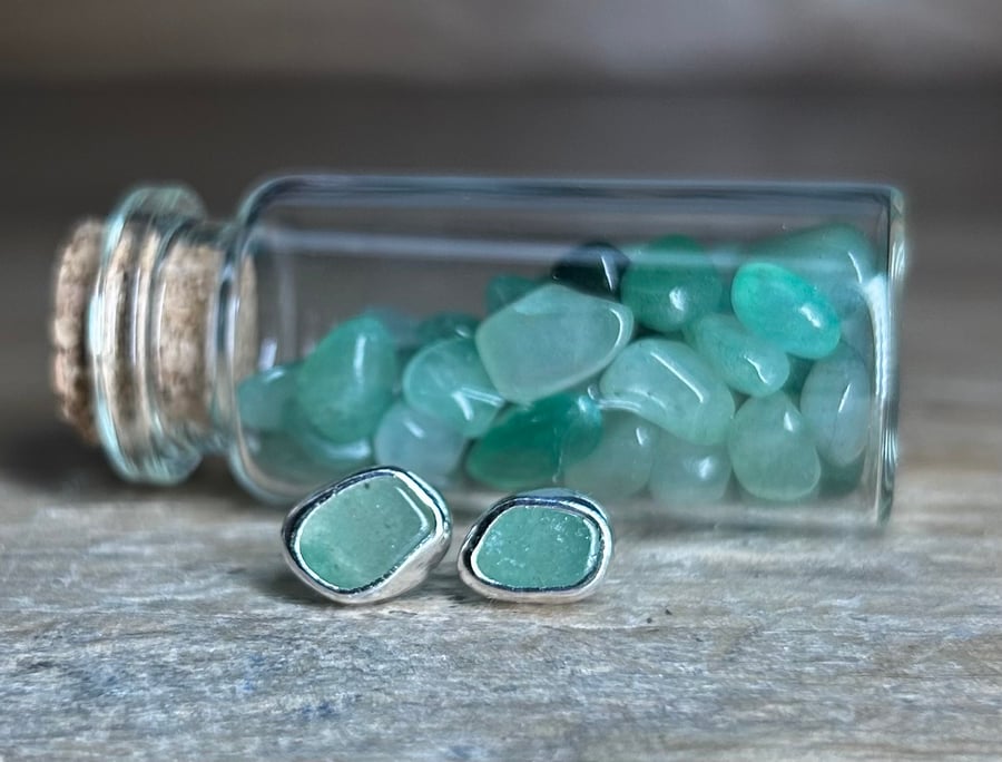 Handmade Sterling & Fine Silver Stud Earrings with Aventurine Gemstones