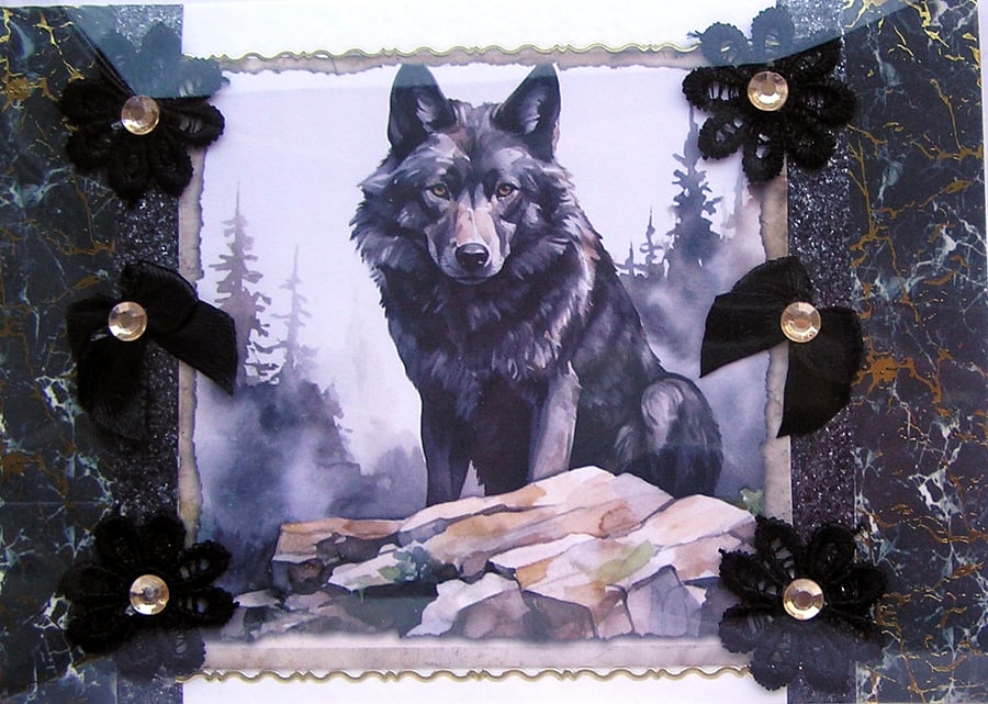 Wild Black Wolf - Hand Crafted Decoupage Greeting Card - Blank - 3091