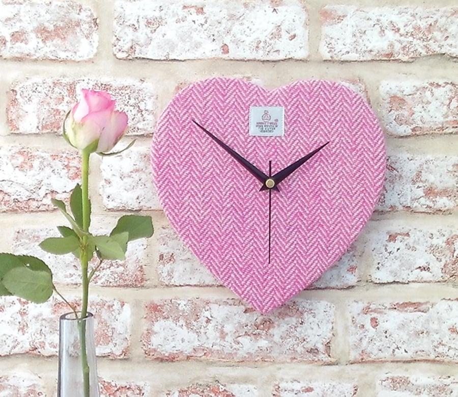 Harris Tweed heart clock pink and cream British wool fabric wedding gift
