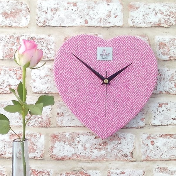 Harris Tweed heart clock pink and cream British wool fabric wedding gift