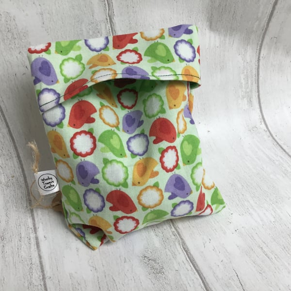 Large reusable snack bag with food-safe lining. Green birds