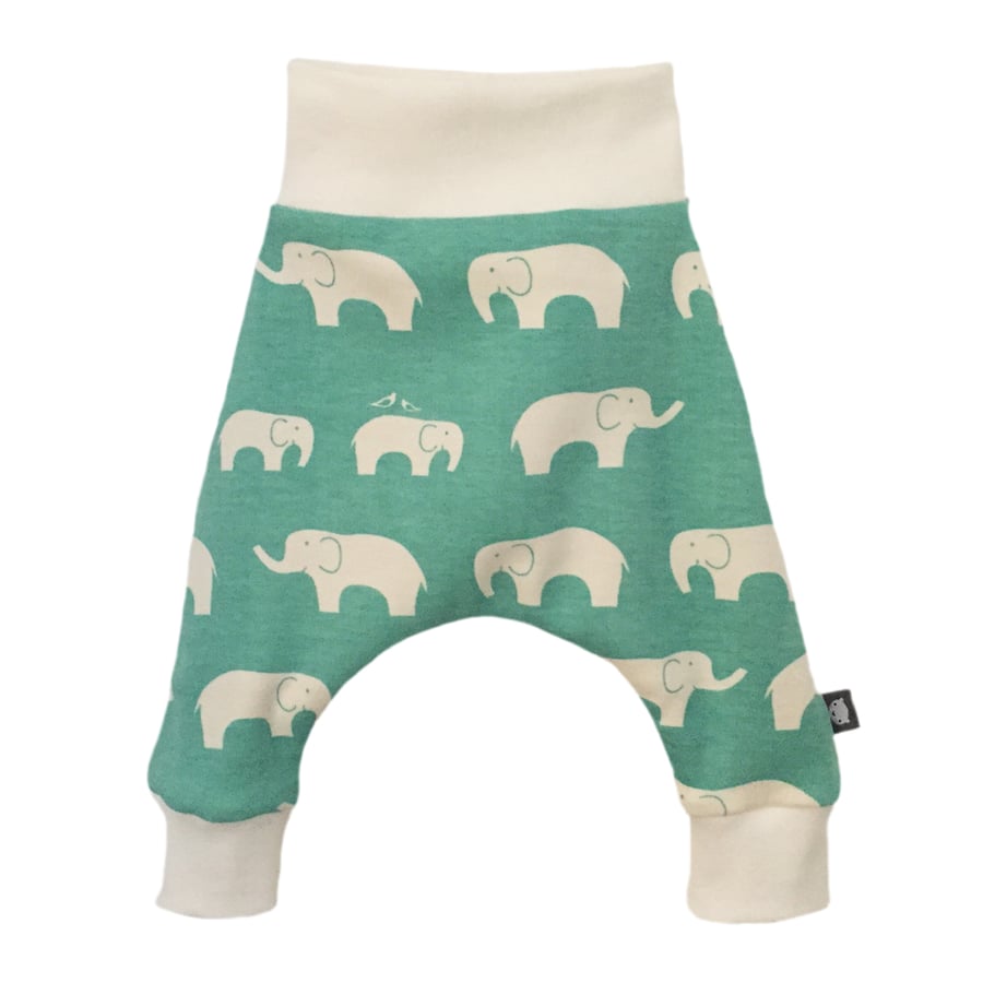 ORGANIC Baby HAREM PANTS Green ELLIE ELEPHANTS Trousers Size 3-6 Months ONLY