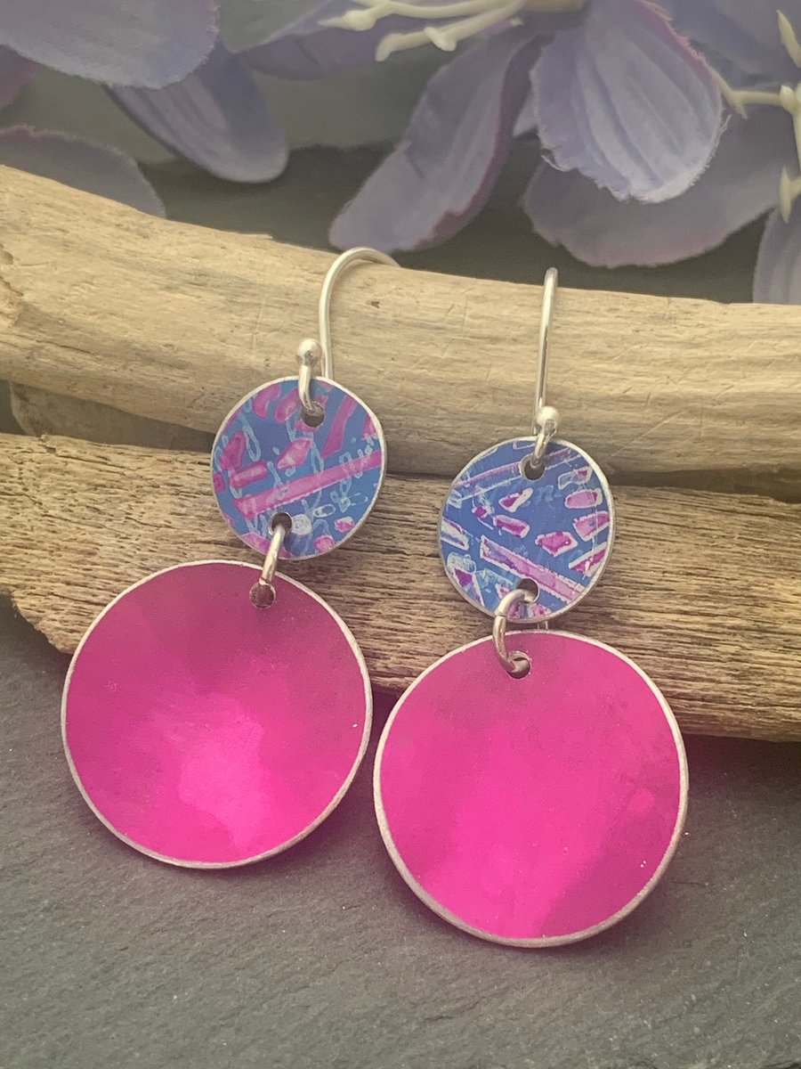 Printed Aluminium and sterling silver earrings - Blue leaf and pink