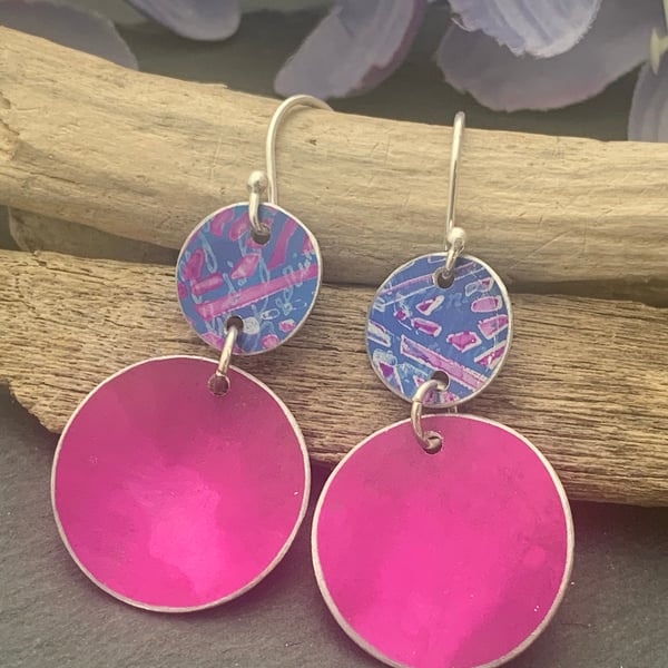 Printed Aluminium and sterling silver earrings - Blue leaf and pink