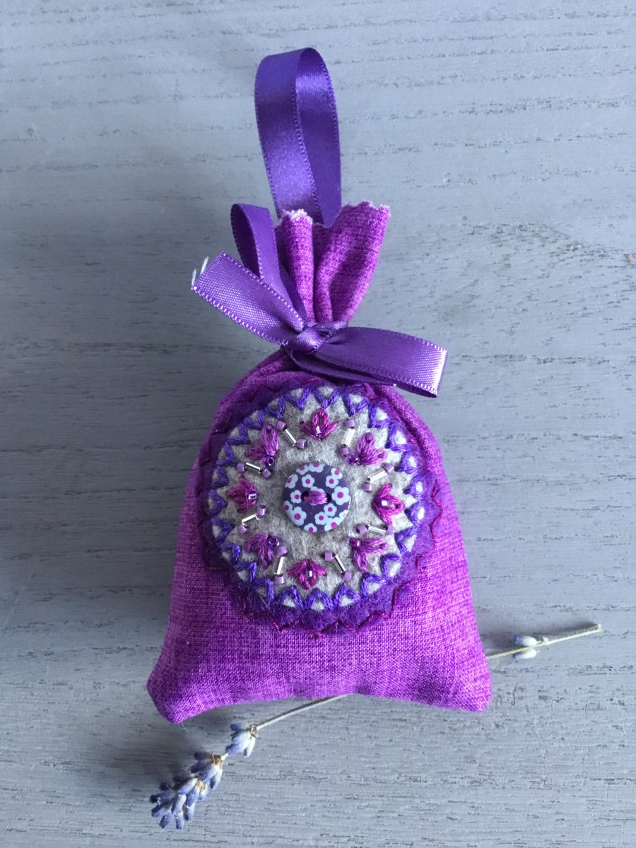 Hand Embroidered Floral Button Lavender Bag