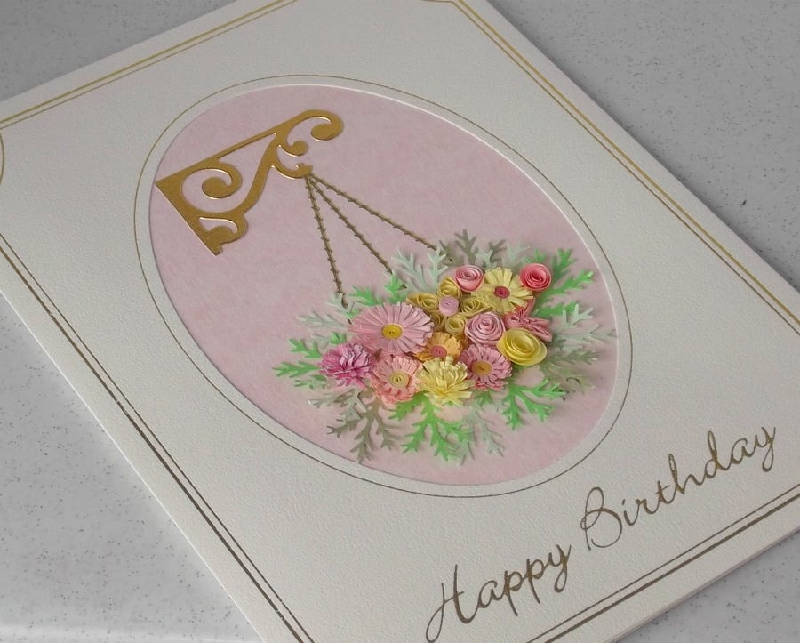 Handmade birthday card with quilled flowers hanging basket